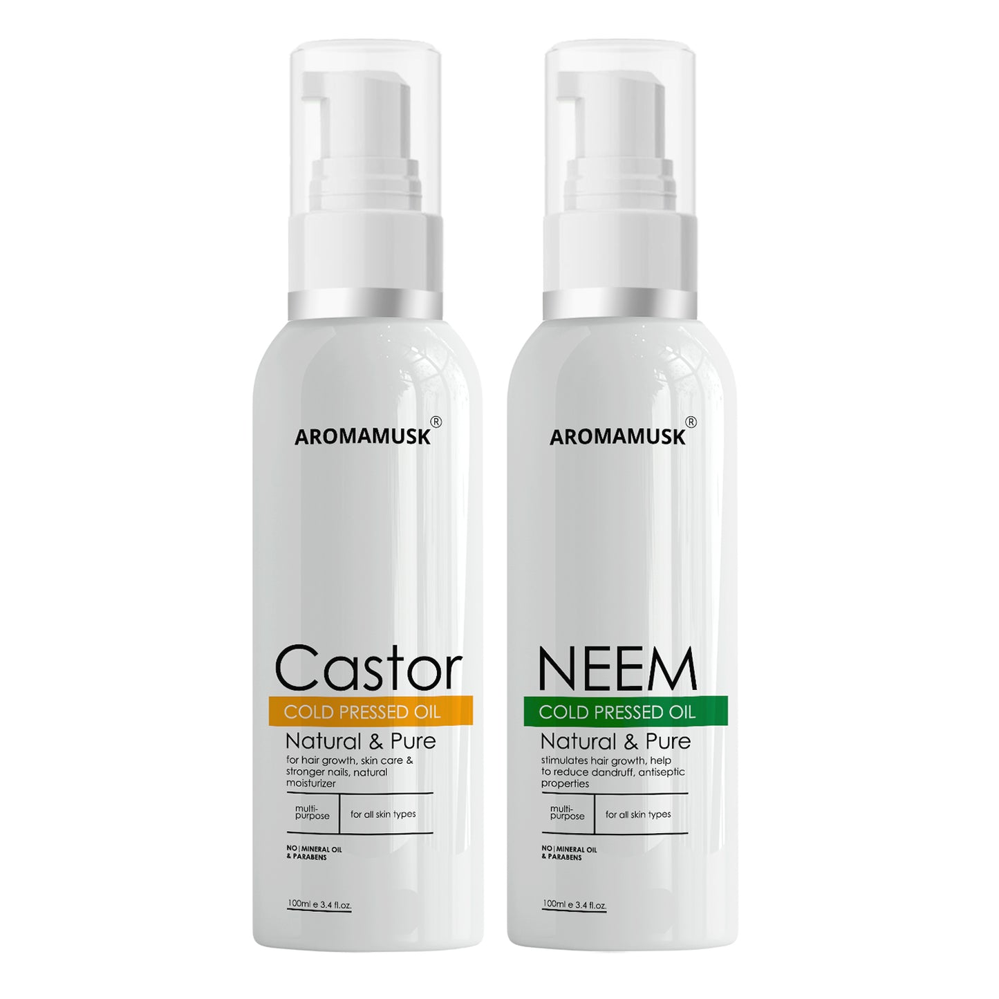 Organic 100% Pure Cold Pressed Castor & Extra Virgin Olive Oil, 100ml Each