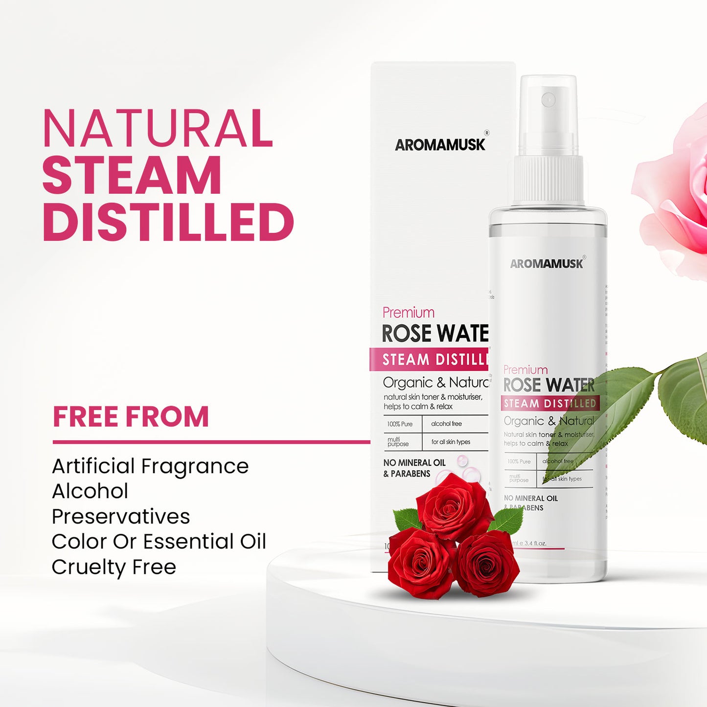 100% Organic & Natural Premium Rosewater For Face & Skin, 100ml (No Alcohol, Chemical & Paraben Free )