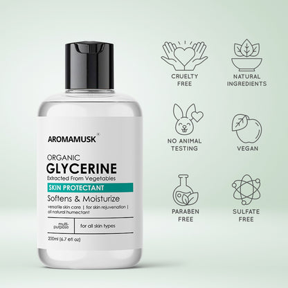 AromaMusk Organic And Pure Vegetable Glycerine For Face, 200ml | Softens & Moisturize – Chemical Free, Hypoallerganic, All Natural