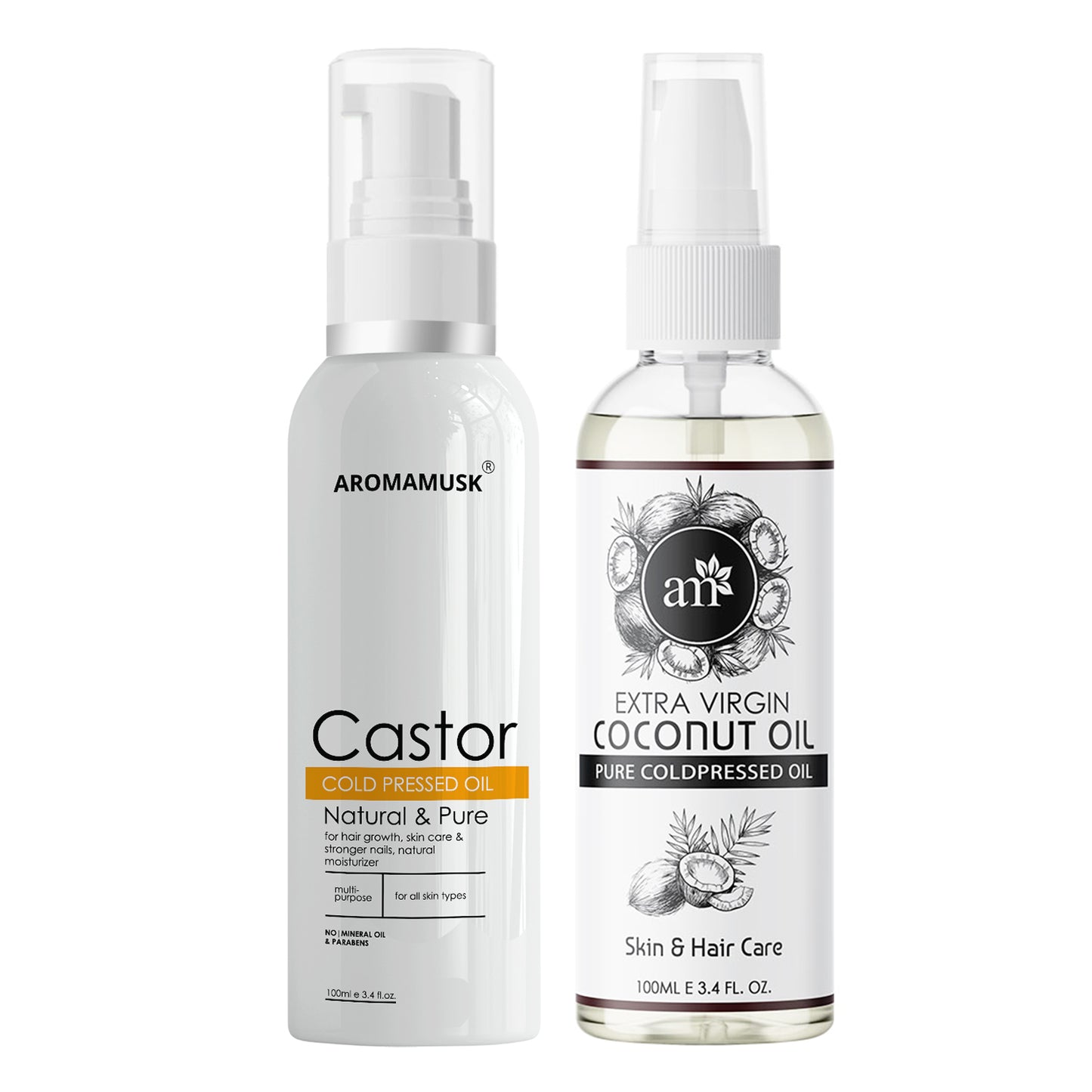 Organic 100% Pure Cold Pressed Castor & Extra Virgin Coconut Oil , 100ml Each